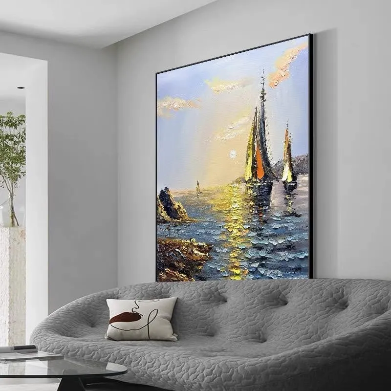 Sea boat handmade oil painting on canvas, vertical landscape, unframed, modern style, suitable for living room wall decor