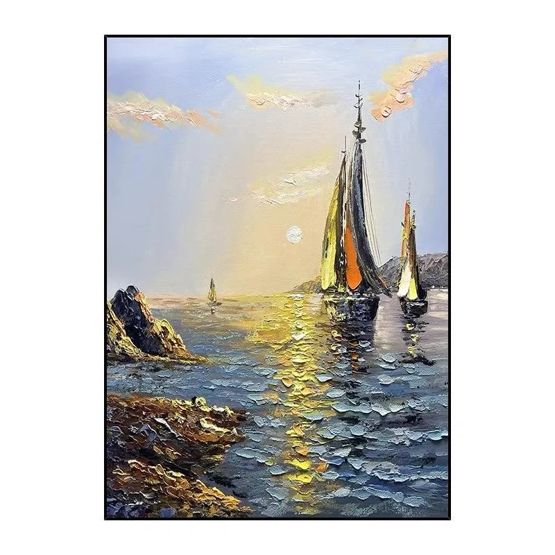 Sea boat handmade oil painting on canvas, vertical landscape, unframed, modern style, suitable for living room wall decor