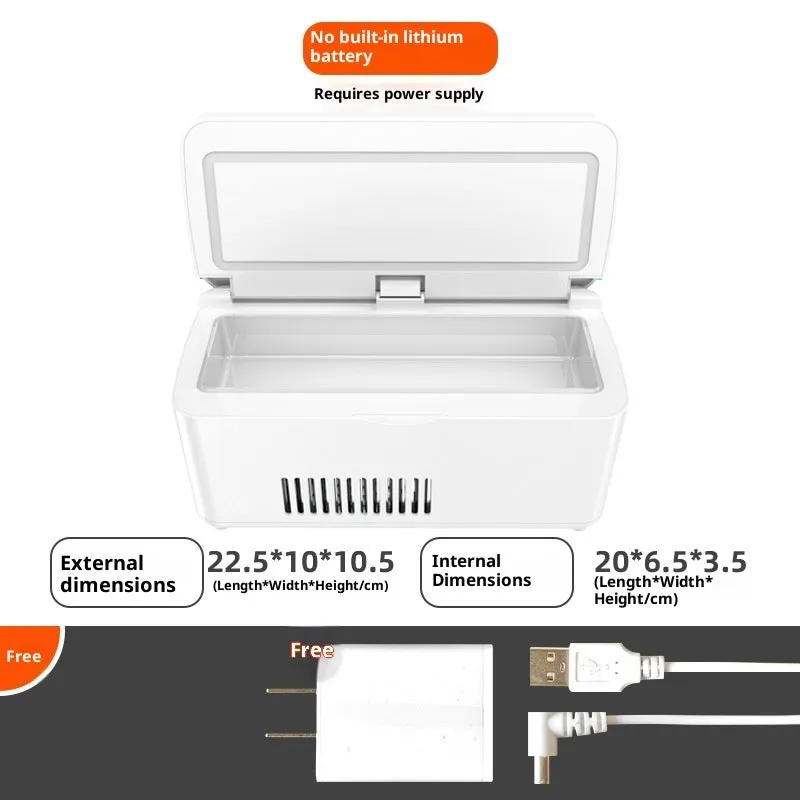 Portable insulin frozen box in white with fast refrigeration and rechargeable battery for car and home use