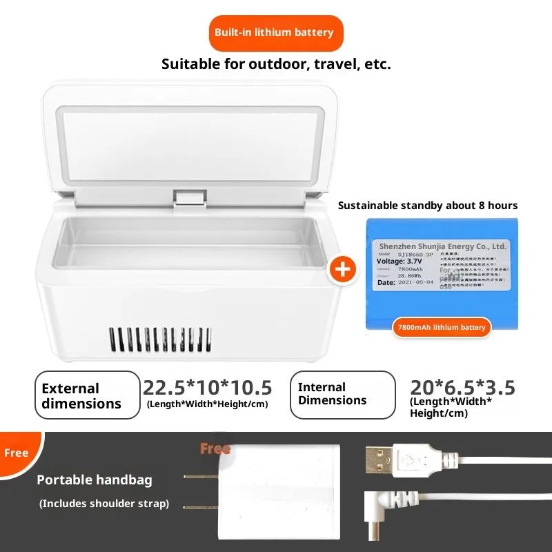 Portable insulin frozen box in white with fast refrigeration and rechargeable battery for car and home use