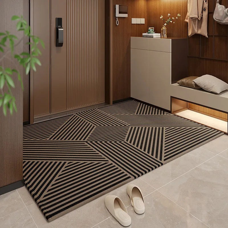 Polyester non-slip entrance door mat with geometric pattern in grey, placed on a tiled floor