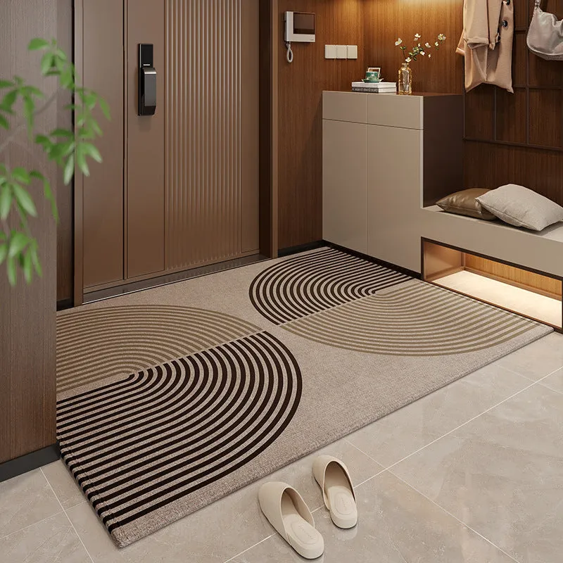 Polyester non-slip entrance door mat with geometric pattern in grey, placed on a tiled floor