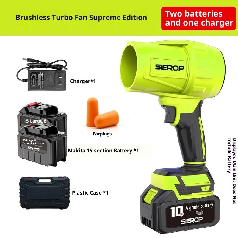 Storm Machine industrial-grade strong hair dryer with bare-metal body and 700g thrust, shown with Makita batteries and charger