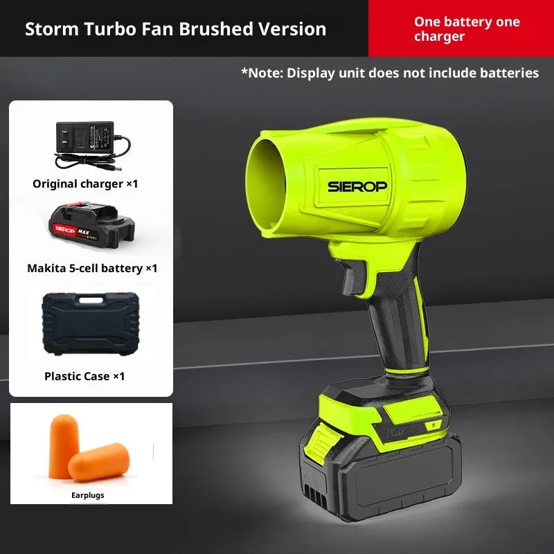 Storm Machine industrial-grade strong hair dryer with bare-metal body and 700g thrust, shown with Makita batteries and charger