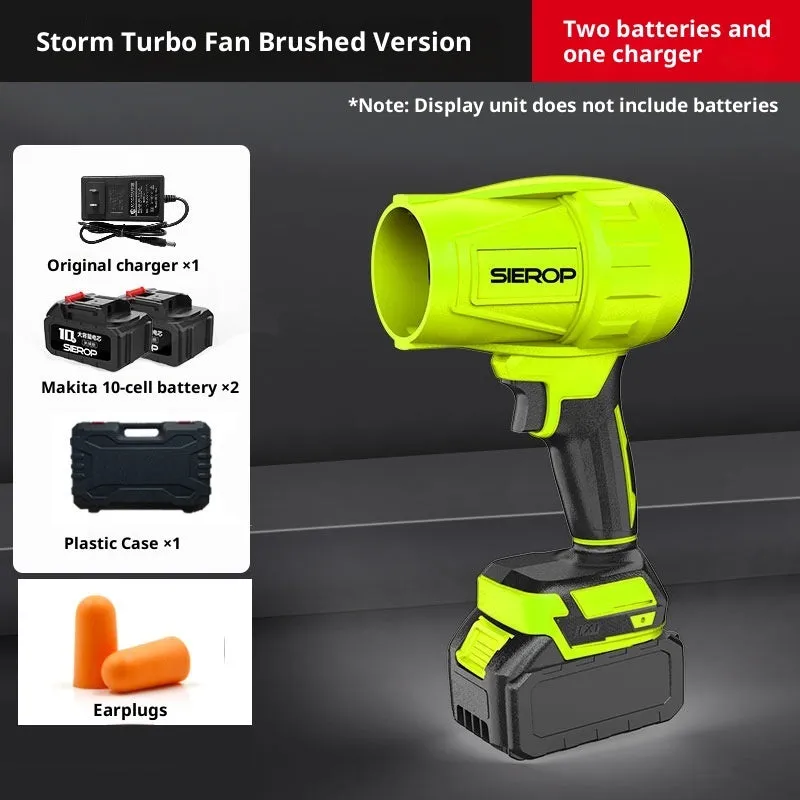 Storm Machine industrial-grade strong hair dryer with bare-metal body and 700g thrust, shown with Makita batteries and charger