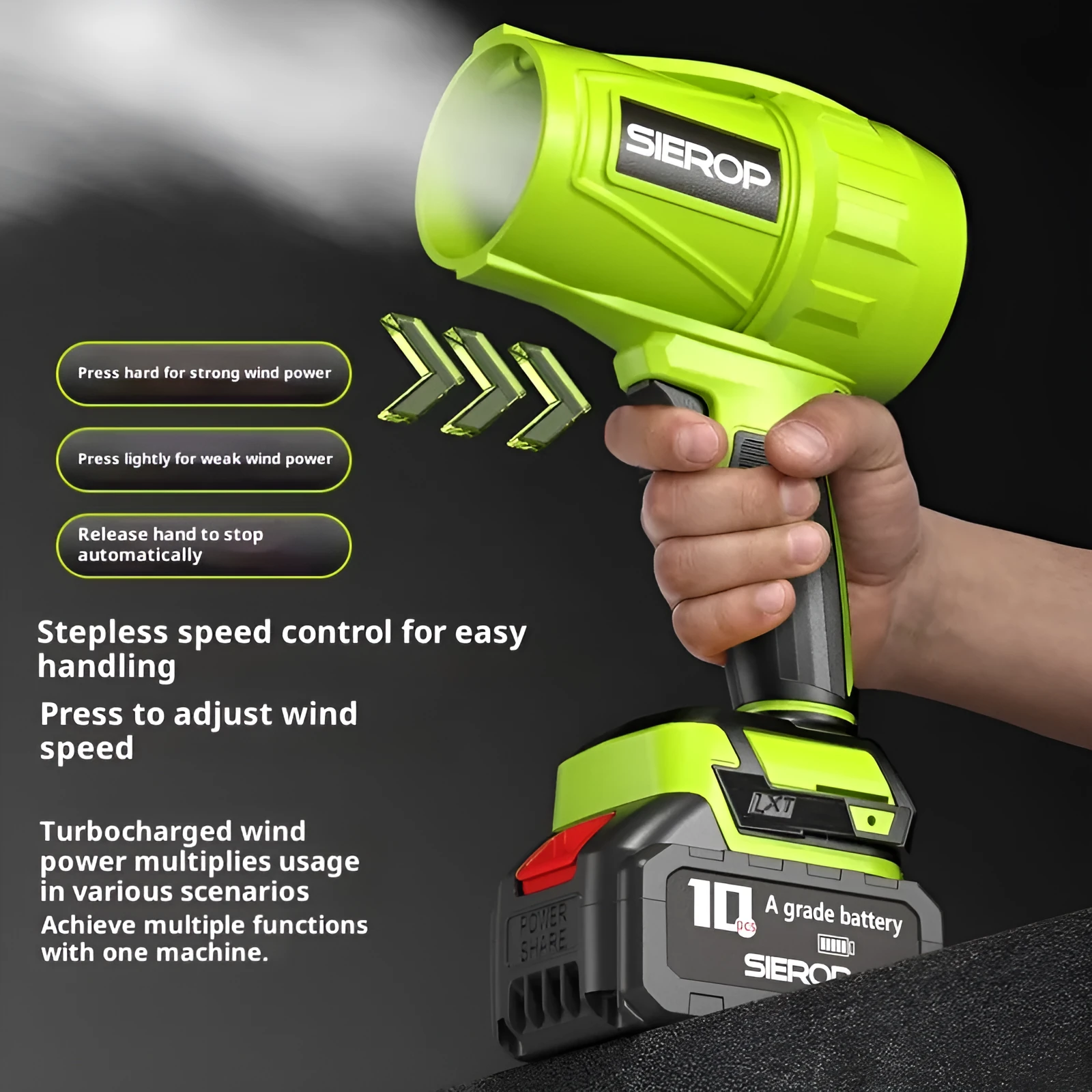 Storm Machine industrial-grade strong hair dryer with bare-metal body and 700g thrust, shown with Makita batteries and charger