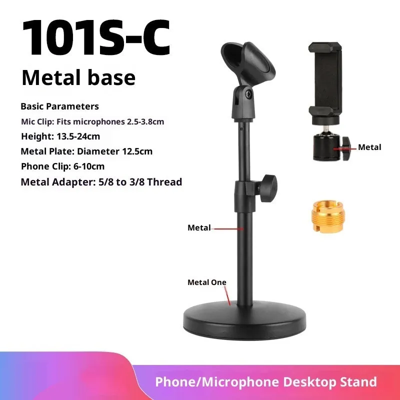 Alloy desktop microphone stand with adjustable riser and metal base for live show and video recording
