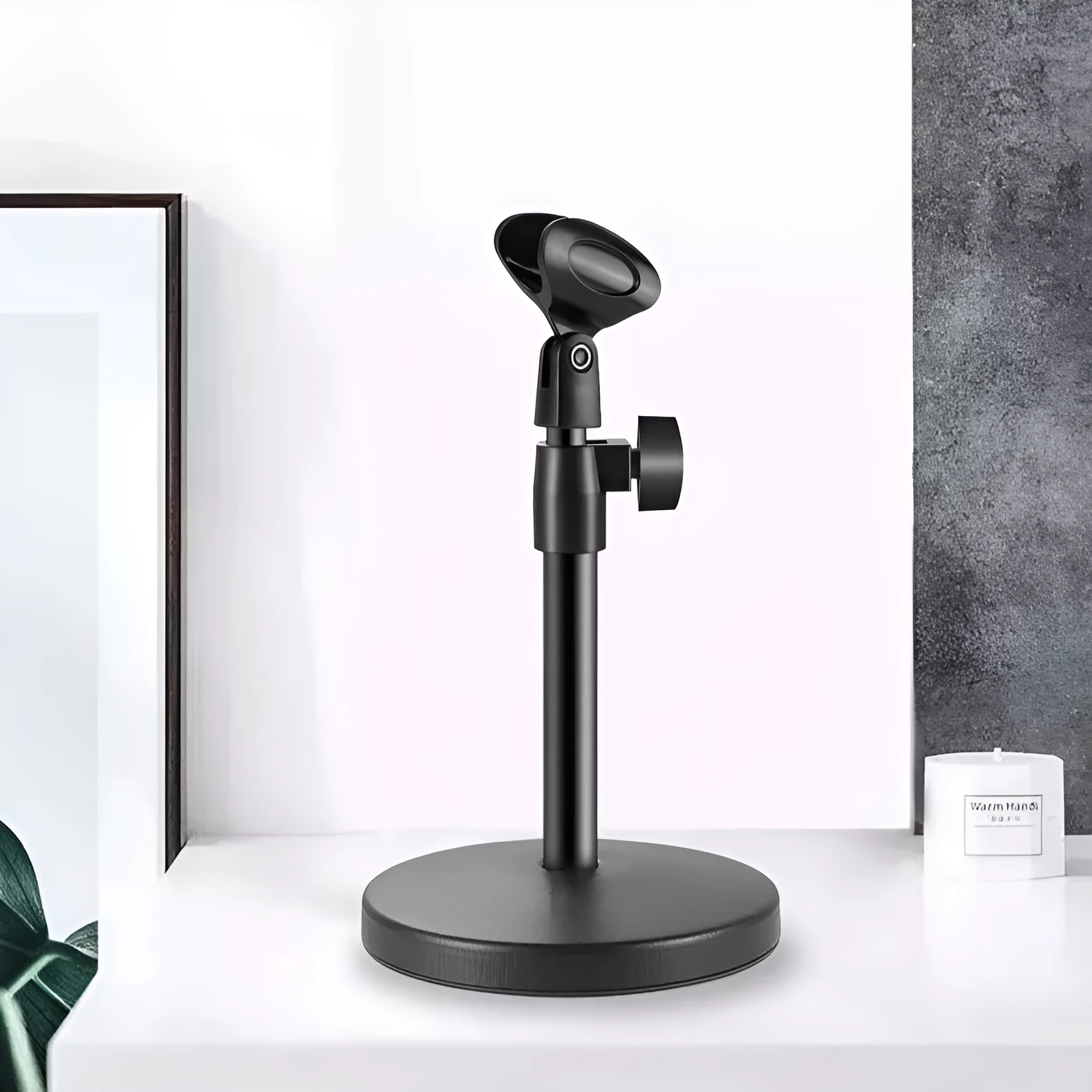 Alloy desktop microphone stand with adjustable riser and metal base for live show and video recording