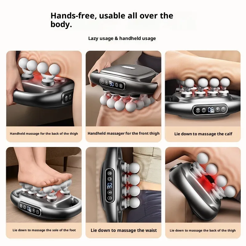 Black multi-head percussion massager with LED screen for calf, back, and waist muscle relief