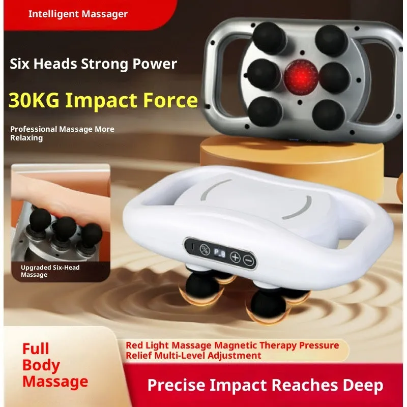 Black multi-head percussion massager with LED screen for calf, back, and waist muscle relief