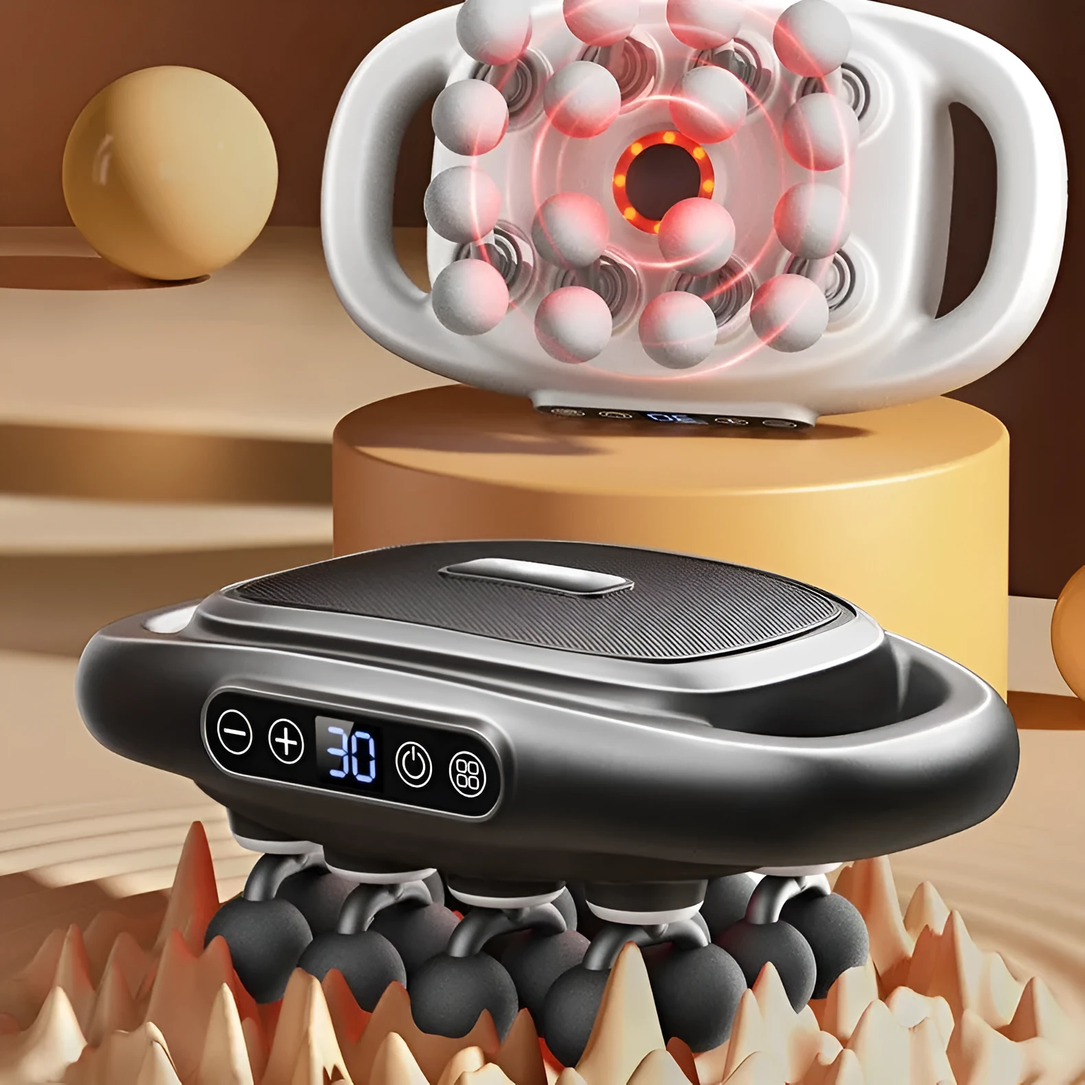 Black multi-head percussion massager with LED screen for calf, back, and waist muscle relief