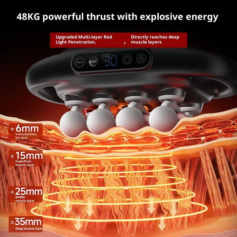 Black multi-head percussion massager with LED screen for calf, back, and waist muscle relief