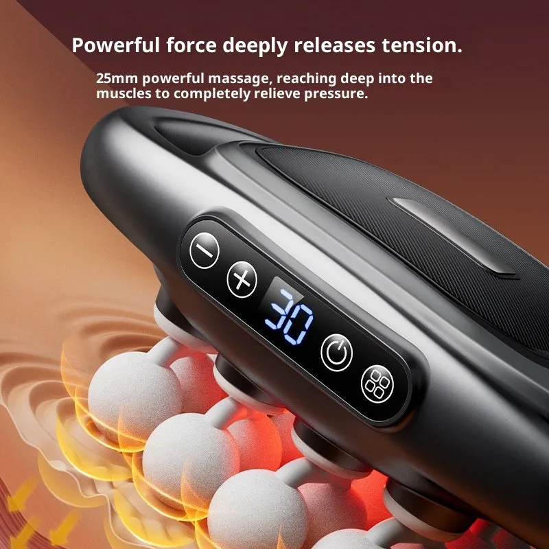Black multi-head percussion massager with LED screen for calf, back, and waist muscle relief
