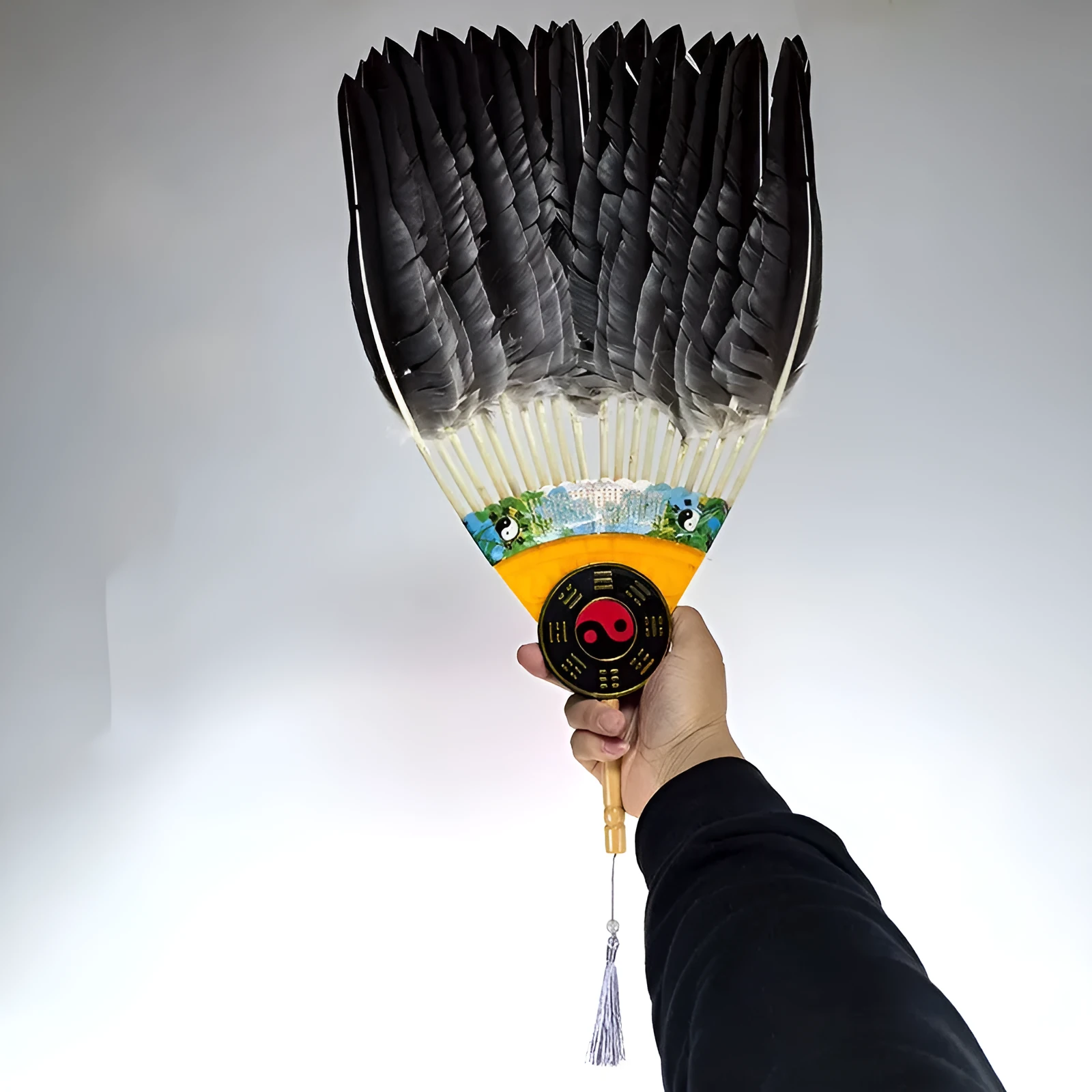 Handmade Chinese goose feather craft fan with integrated lens in graphic colour