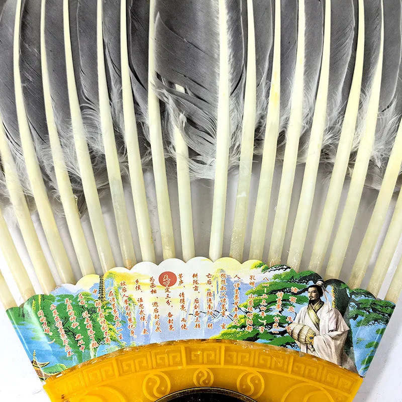 Handmade Chinese goose feather craft fan with integrated lens in graphic colour