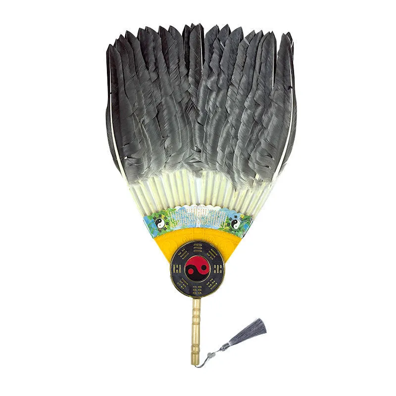 Handmade Chinese goose feather craft fan with integrated lens in graphic colour