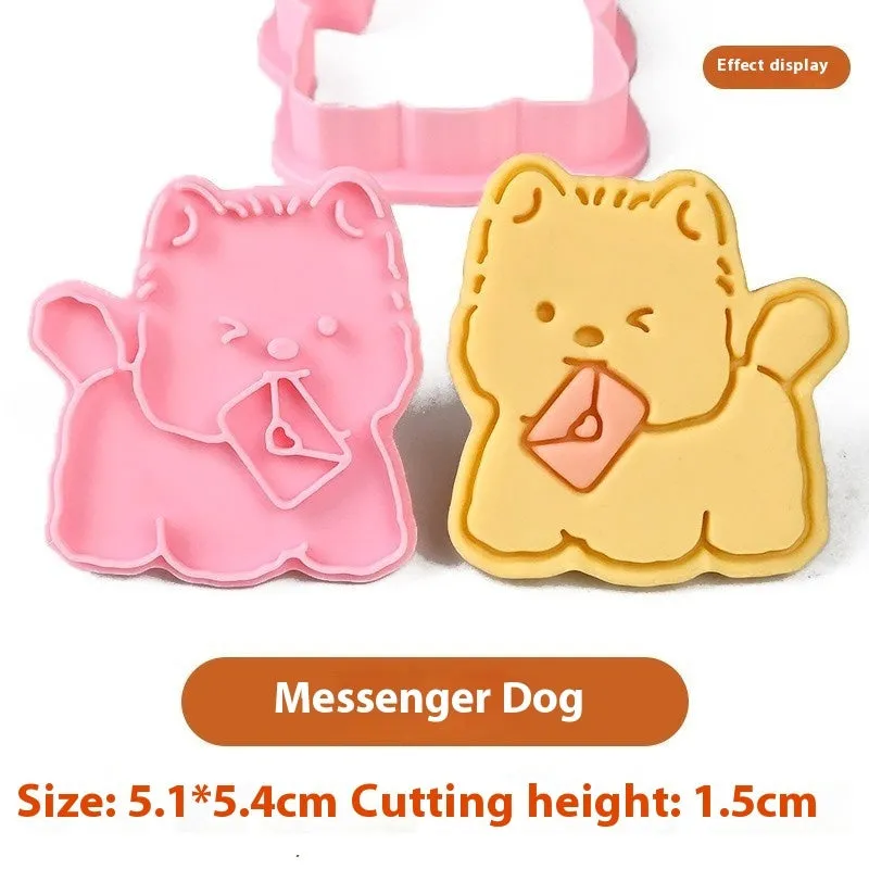 Plastic cartoon biscuit mould showing three-dimensional pet puppy designs including one with a birthday hat