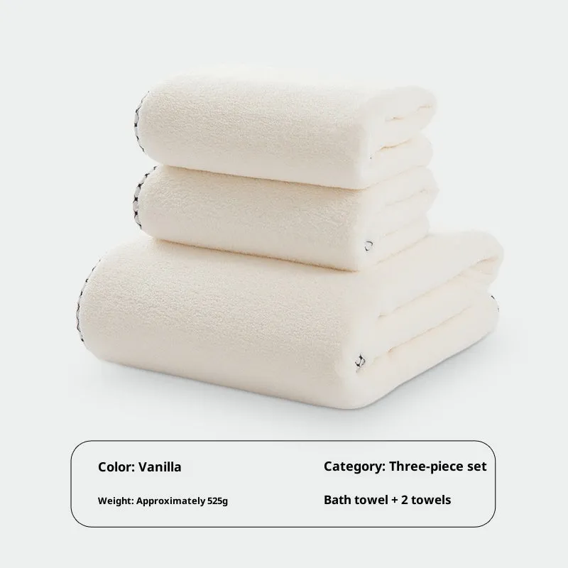 High density coral fleece three-piece towel set in solid vanilla colour with one bath towel and two hand towels