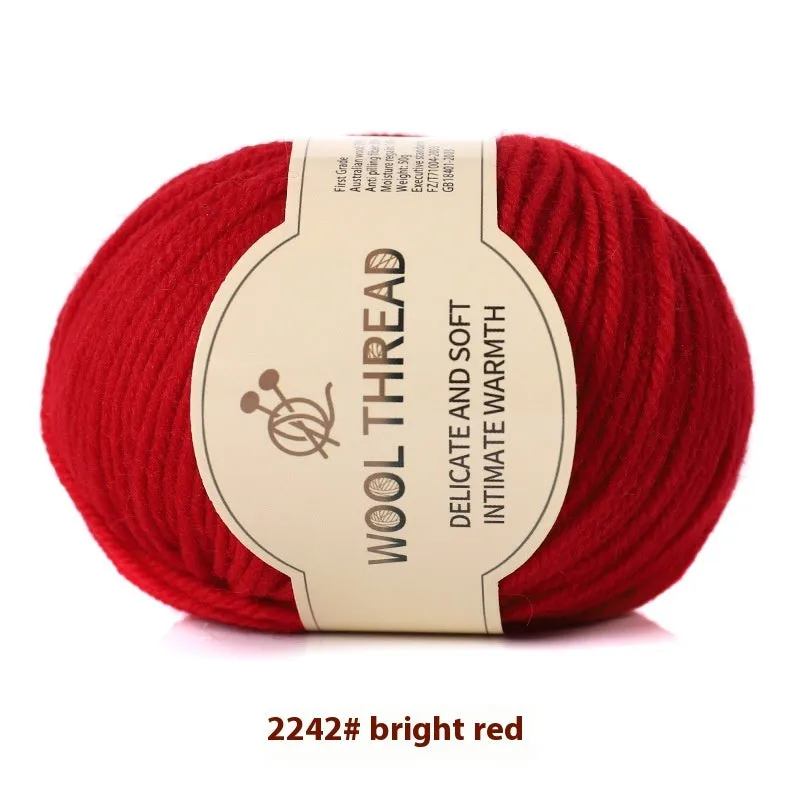 One skein of fine hand knitting wool thread in a choice of colours, shown next to UK size 10 knitting needles.