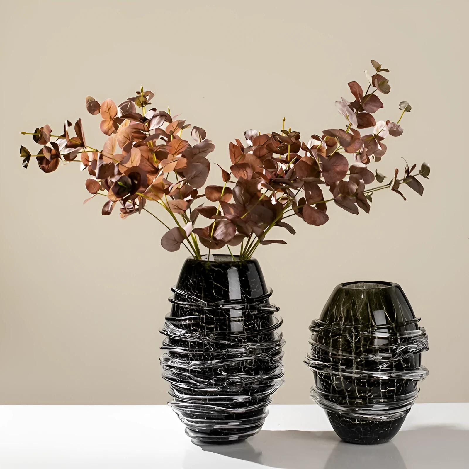 Minimalist glass art vase in black silk fried pattern on coloured glaze