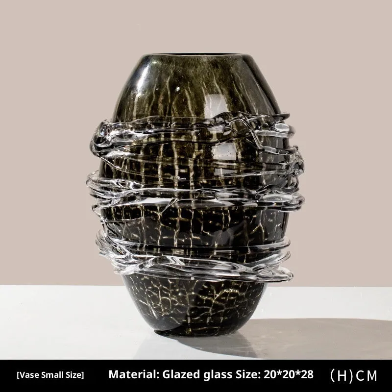 Minimalist glass art vase in black silk fried pattern on coloured glaze