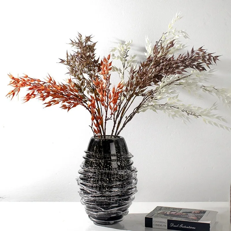 Minimalist glass art vase in black silk fried pattern on coloured glaze