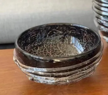 Minimalist glass art vase in black silk fried pattern on coloured glaze