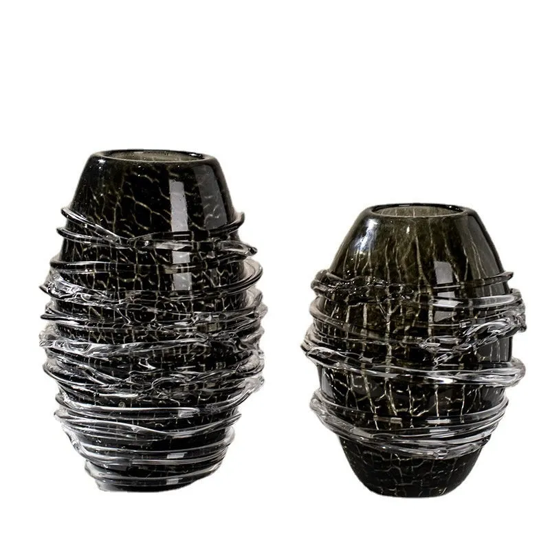 Minimalist glass art vase in black silk fried pattern on coloured glaze