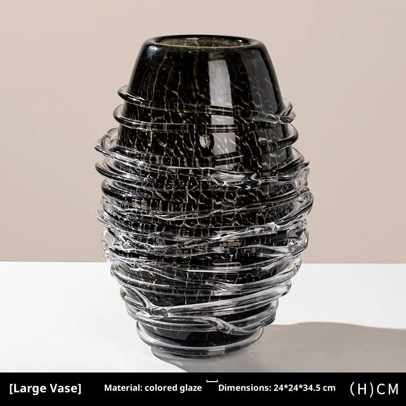 Minimalist glass art vase in black silk fried pattern on coloured glaze