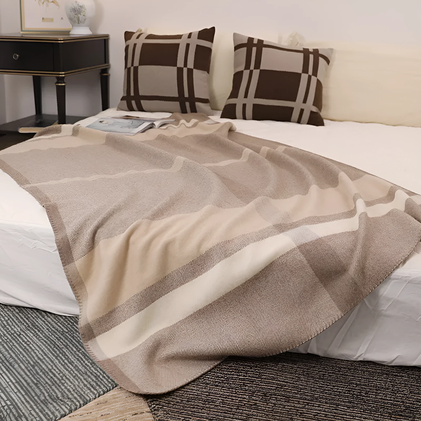 Wool jacquard twill striped camping rug blanket in Carbon Black without belt, modern simplicity style