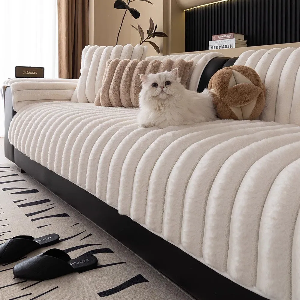 Striped Rabbit Plush Thickening Sofa Cushion Winter Non-Slip Flannel Furniture Cover in Multiple Sizes Colour Options Dark Gray Light Coffee Milky White for Home Living Room Use