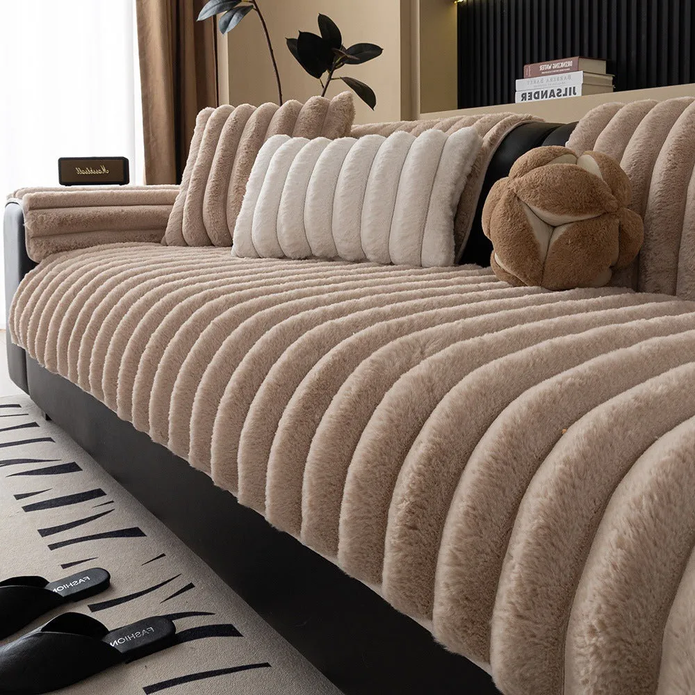 Striped Rabbit Plush Thickening Sofa Cushion Winter Non-Slip Flannel Furniture Cover in Multiple Sizes Colour Options Dark Gray Light Coffee Milky White for Home Living Room Use