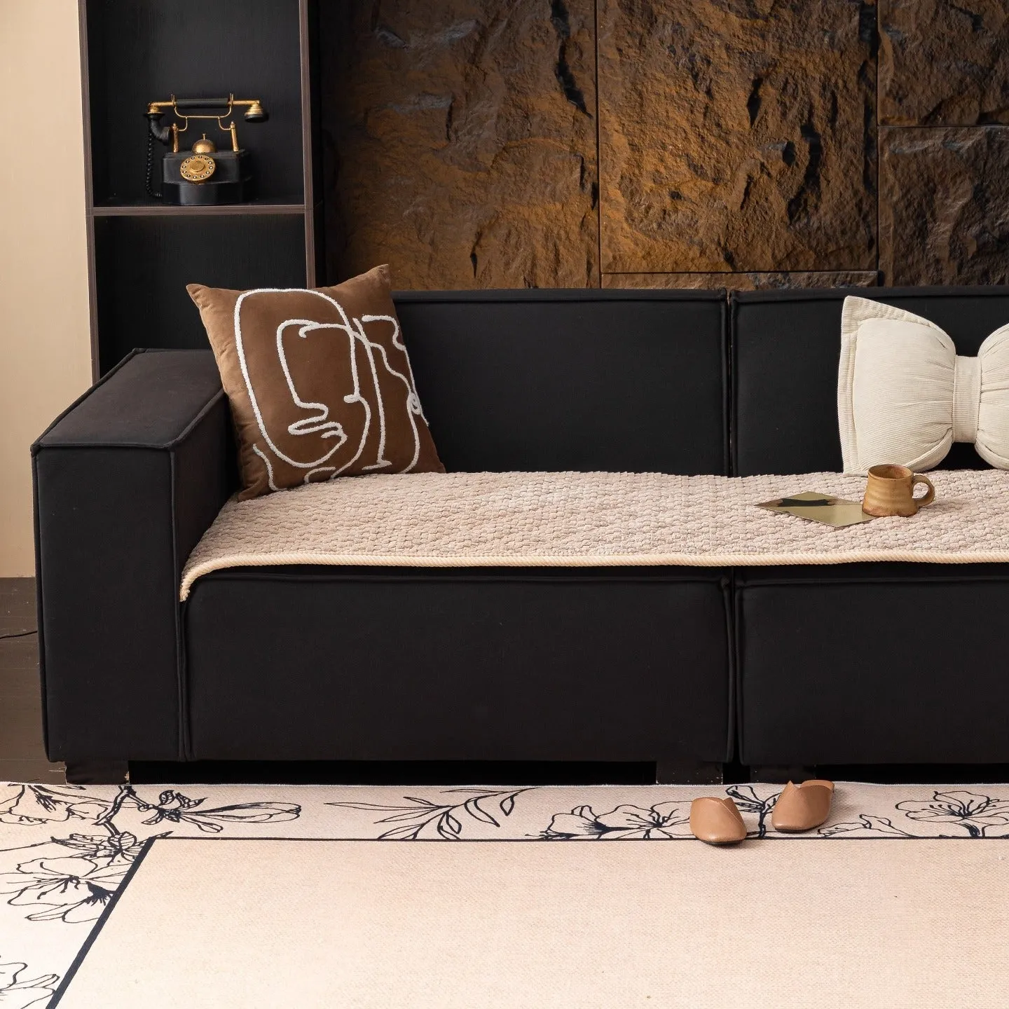 New corduroy sofa cushion in solid puff-beige colour showing textured corduroy fabric
