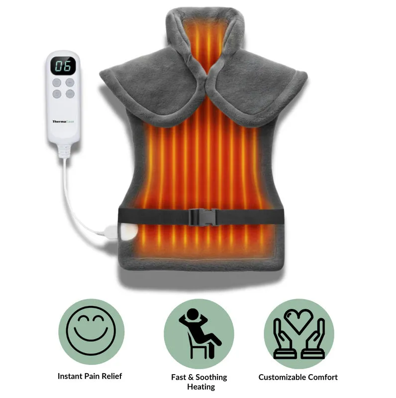 Grey electric heating shawl for shoulders and neck with soft fabric and EU plug, folded on a surface