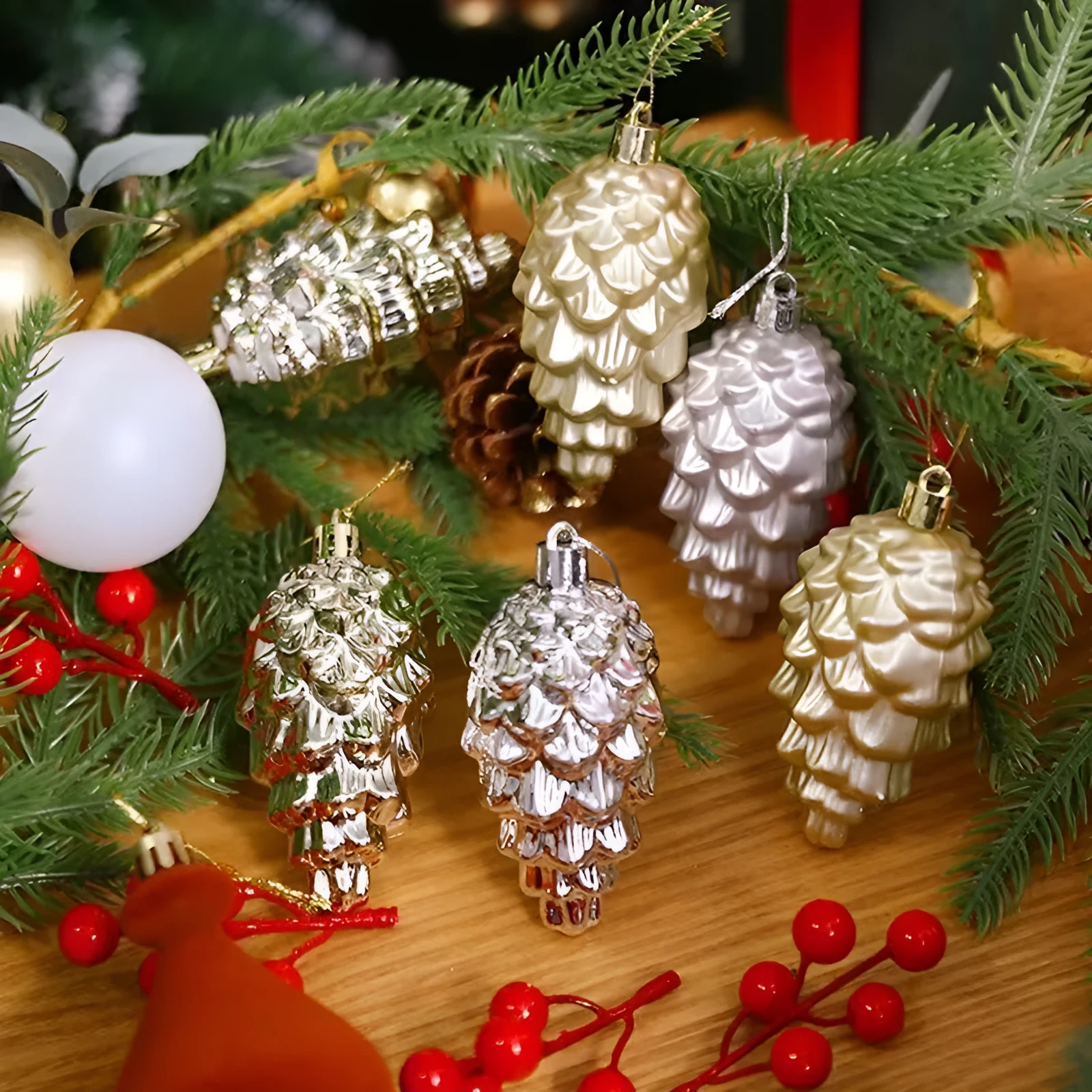 Plastic Christmas hat tree pendant in champagne gold, 7cm size, with loop for hanging