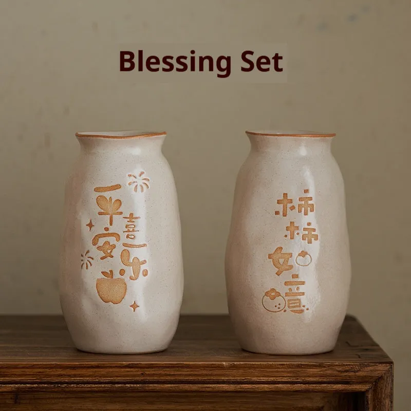 Chinese hand-painted ceramic joy vase with traditional carving on 8cm base
