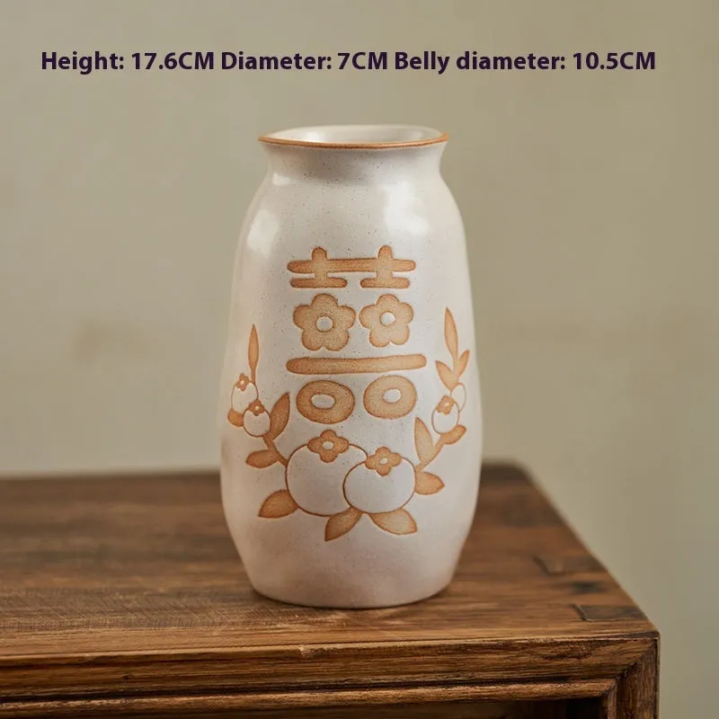 Chinese hand-painted ceramic joy vase with traditional carving on 8cm base