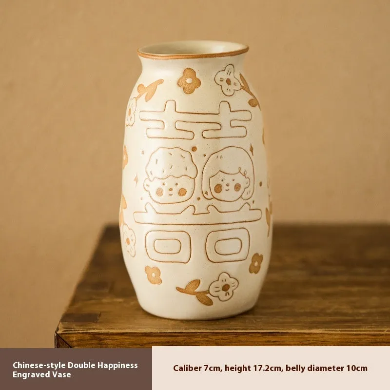 Chinese hand-painted ceramic joy vase with traditional carving on 8cm base
