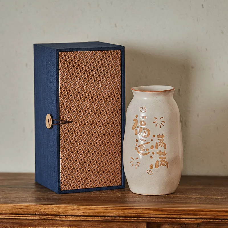 Chinese hand-painted ceramic joy vase with traditional carving on 8cm base