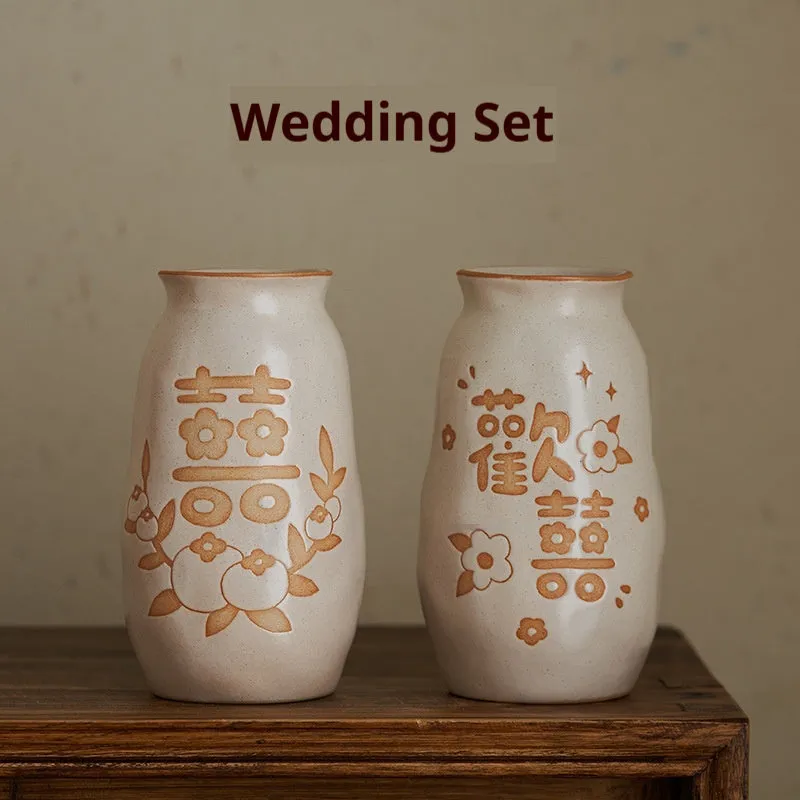 Chinese hand-painted ceramic joy vase with traditional carving on 8cm base