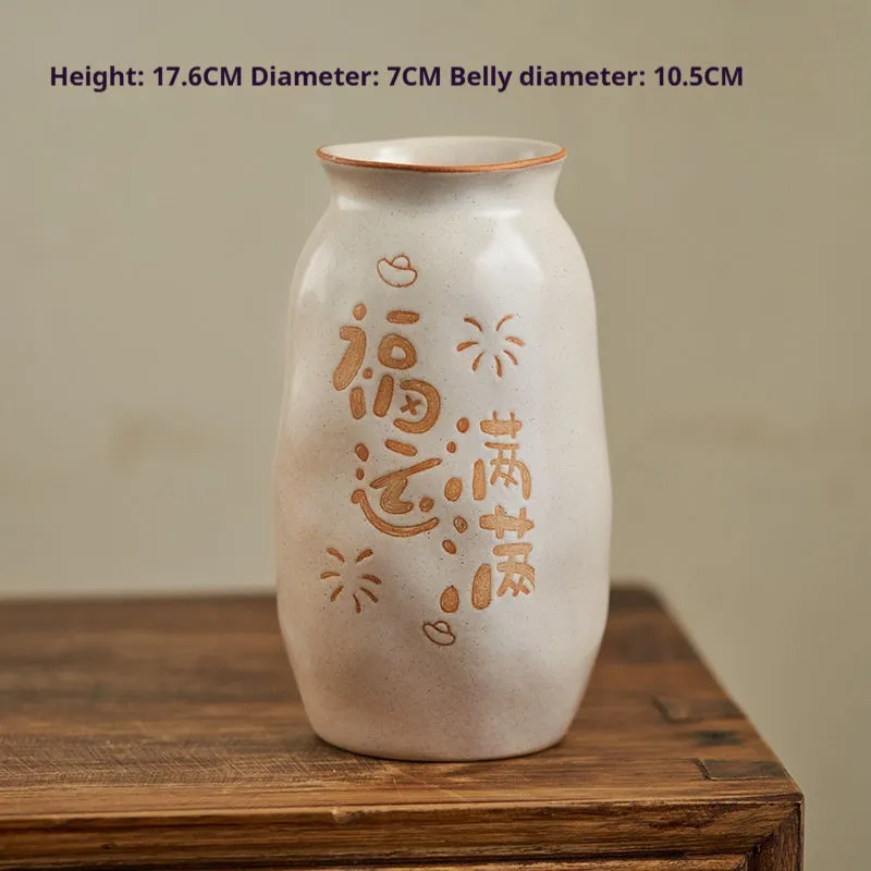 Chinese hand-painted ceramic joy vase with traditional carving on 8cm base