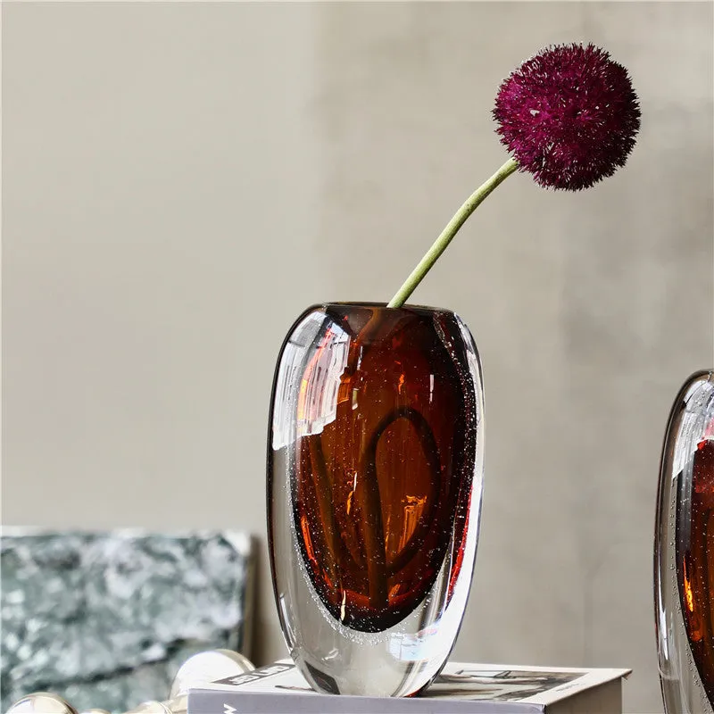 Amber glaze bubble glass vase with flat mouth and thick bottom on table