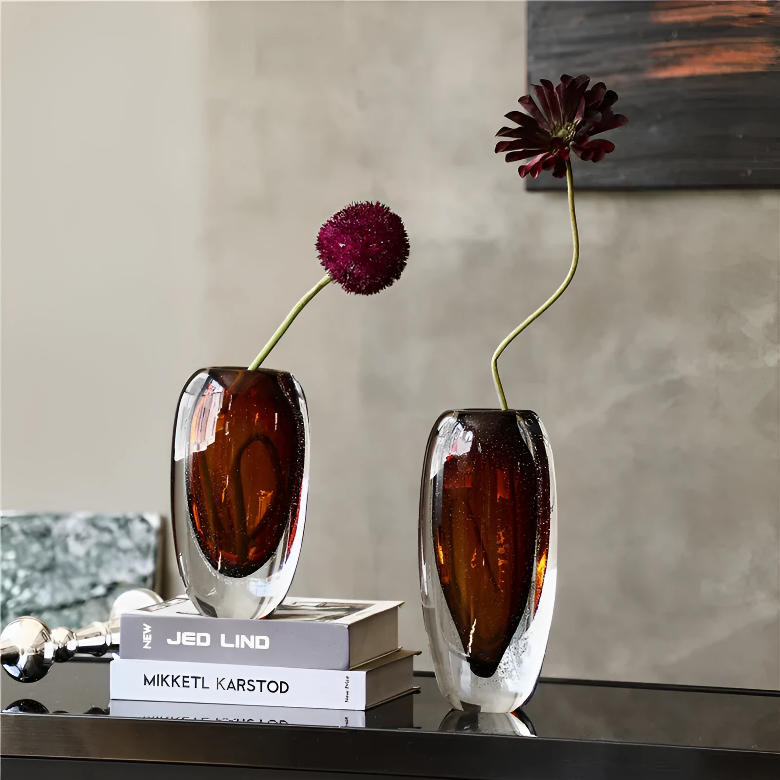 Amber glaze bubble glass vase with flat mouth and thick bottom on table