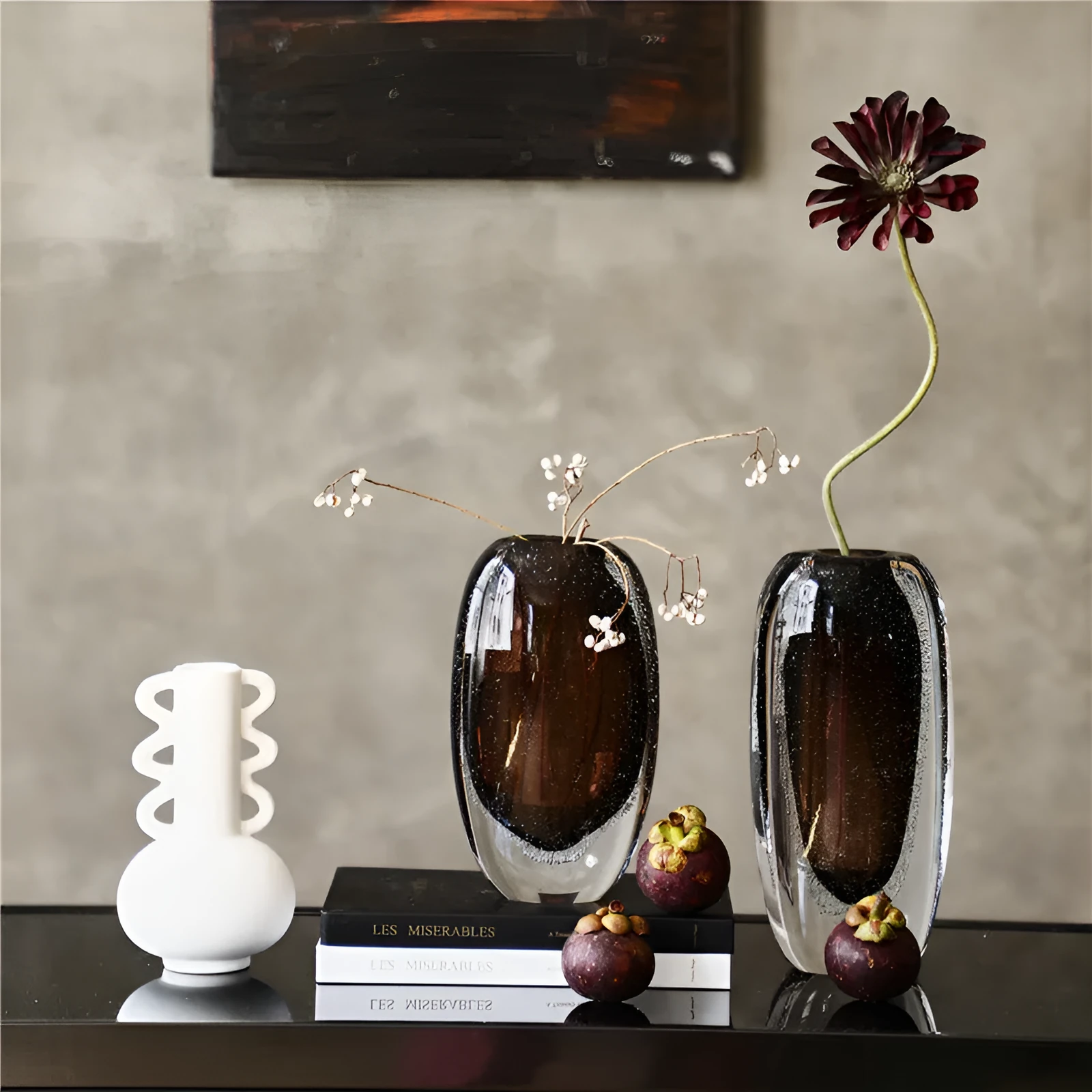 Modern simple bubble thick bottom glass vase with tea brown glaze flat mouth