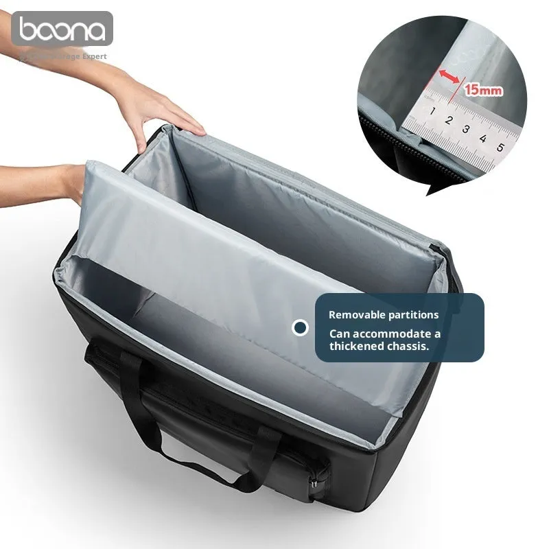 Black Oxford cloth desktop computer host storage bag holding a PC tower and 27-inch display