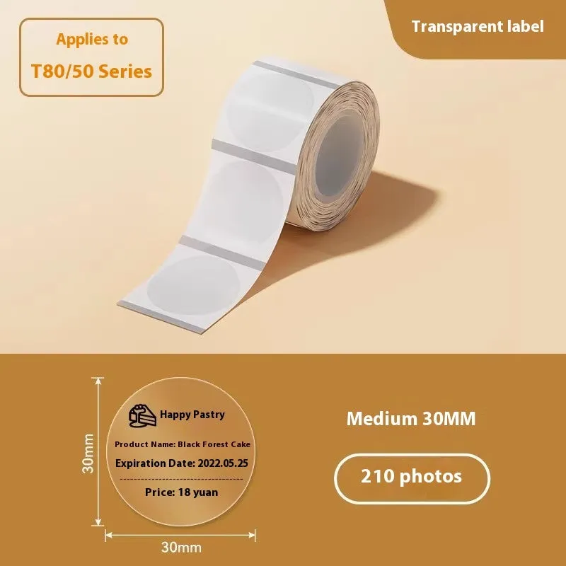 Assortment of transparent waterproof adhesive sticker labels in multiple sizes on sheet