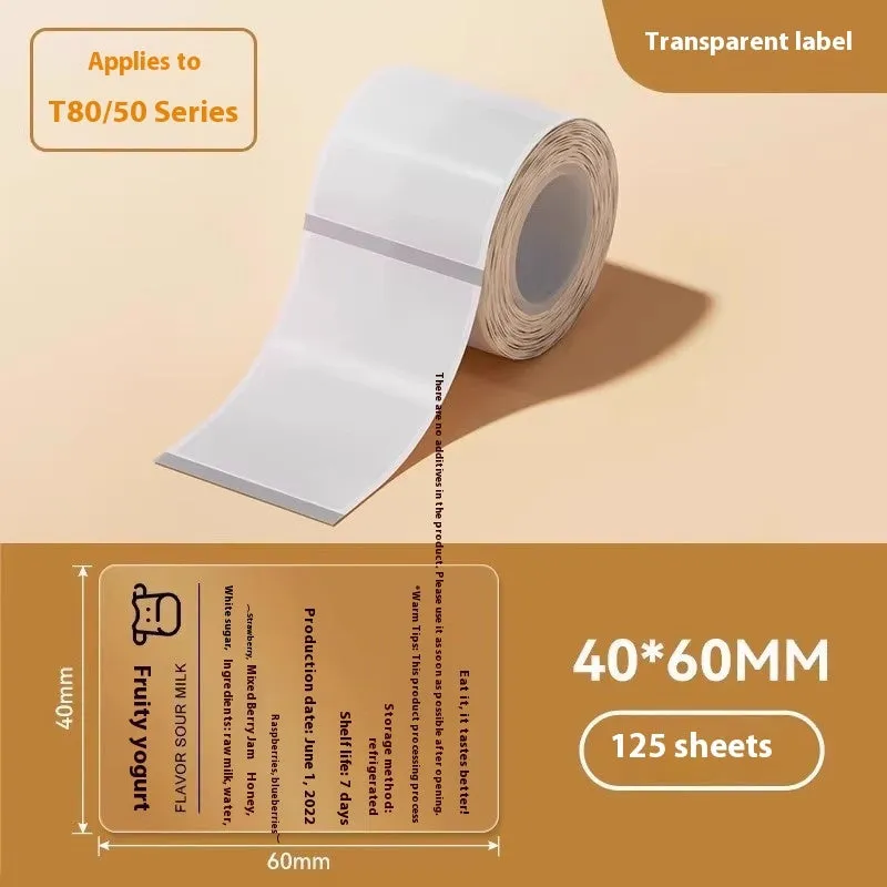 Assortment of transparent waterproof adhesive sticker labels in multiple sizes on sheet