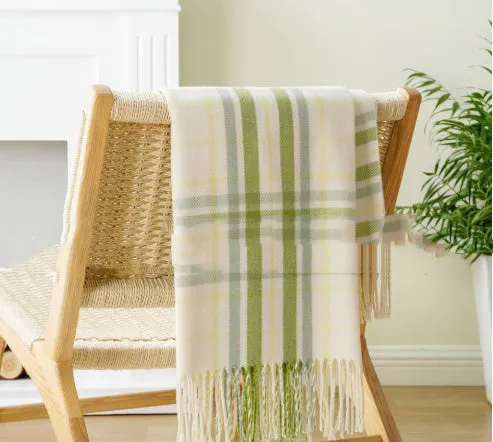 Acrylic chenille plaid blanket with tassels, gray and white geometric pattern, 125x160 cm