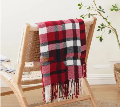 Acrylic chenille plaid blanket with tassels, gray and white geometric pattern, 125x160 cm