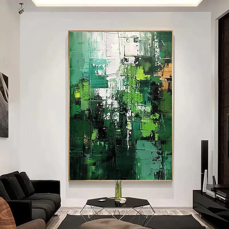 Green abstract hand-painted oil painting on canvas, unframed, with texture visible